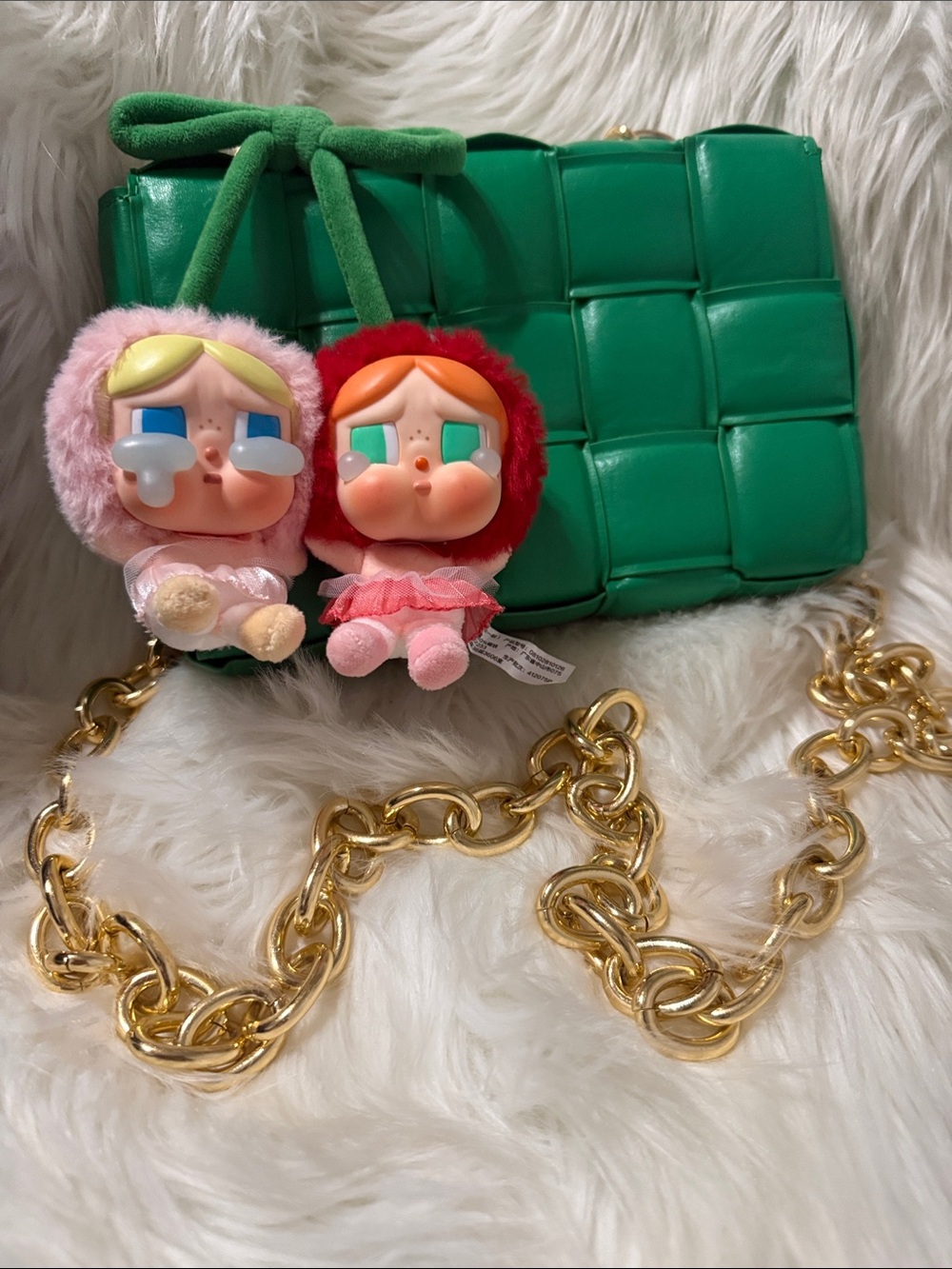 Green Woven Crossbody Bag with Gold Chain and POP MART cherry crybaby